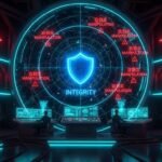 어두운 관제 센터 화면에 거대한 원형 레이더가 돌아가고 있고, 특정 지점에 빨간색 경고 표식(주작 징후)이 떠 있으며, 그 주위를 파란색 무결성 보호망이 감싸고 있는 이미지